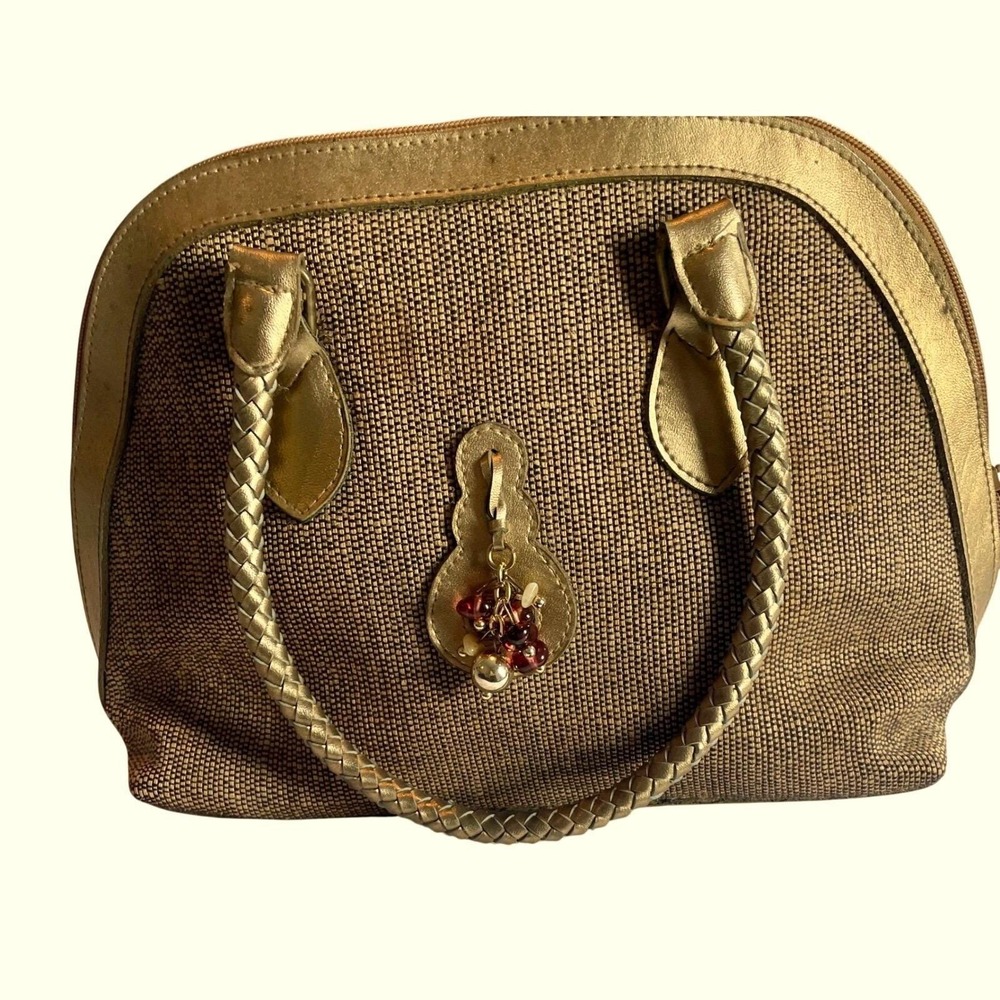 Vintage Bags by Marlo Woven Structured Satchel Gold Braided Handles &‎ Charm